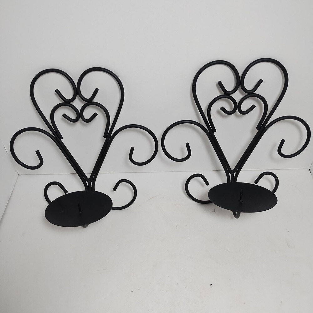 Pair 2 Black Wrought Iron Scroll Pillar Candle Holder Wall Sconces 8.5 X 8.5 X 4